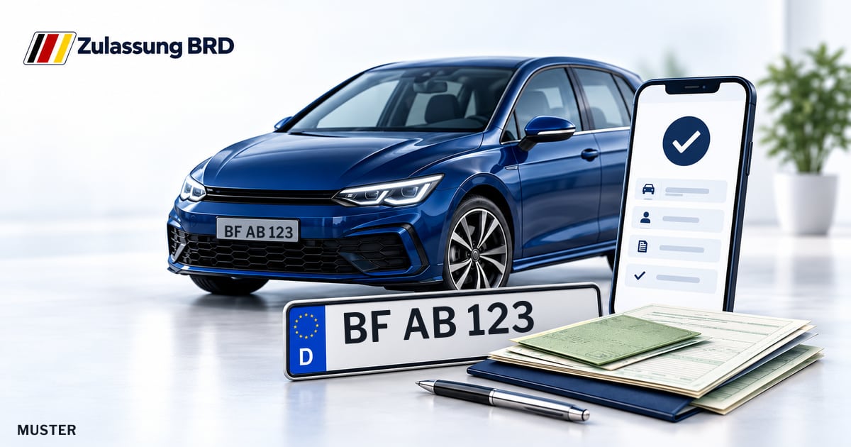 Online Fahrzeugzulassung in Emsdetten: Musterkennzeichen BF AB 123, Auto und Fahrzeugpapiere und Smartphone. Illustration mit Logo von Zulassung BRD.